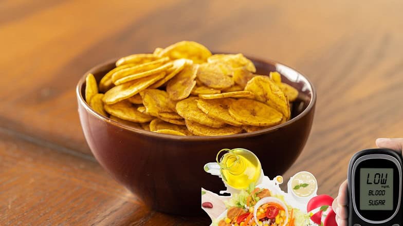 Crispy banana chips in a brown bowl, healthy snack options, natural food dried banana slices, vegetarian snack, wholesome treat.